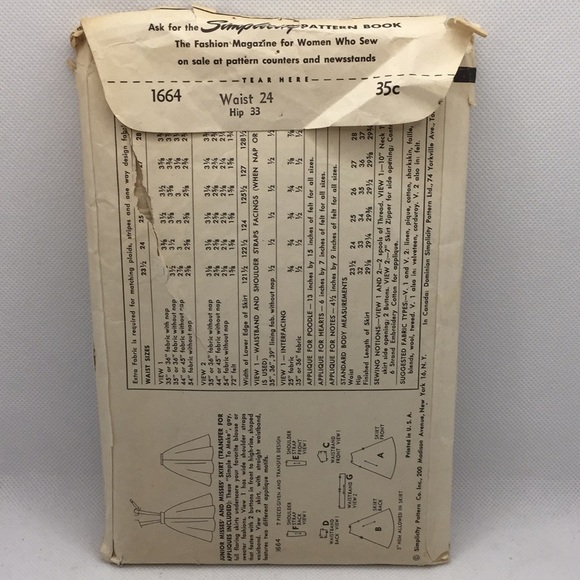 1950’s Simplicity 1664 Ladies Vintage Poodle Skirt Pattern 24 inch Waist - Picture 5 of 14